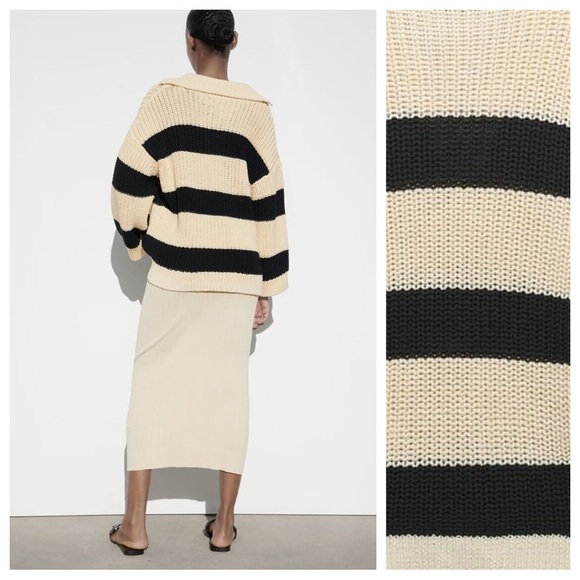 NWT. Zara Cream/Black V-Neck Oversized Striped Sweater. Size M-L. - Picture 5 of 11